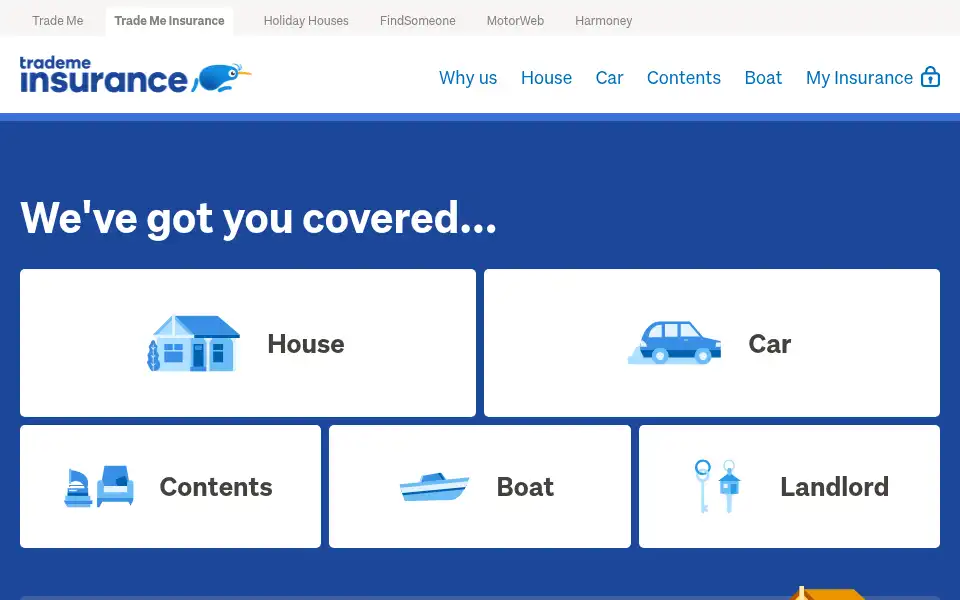 Screenshot of trademeinsurance.co.nz