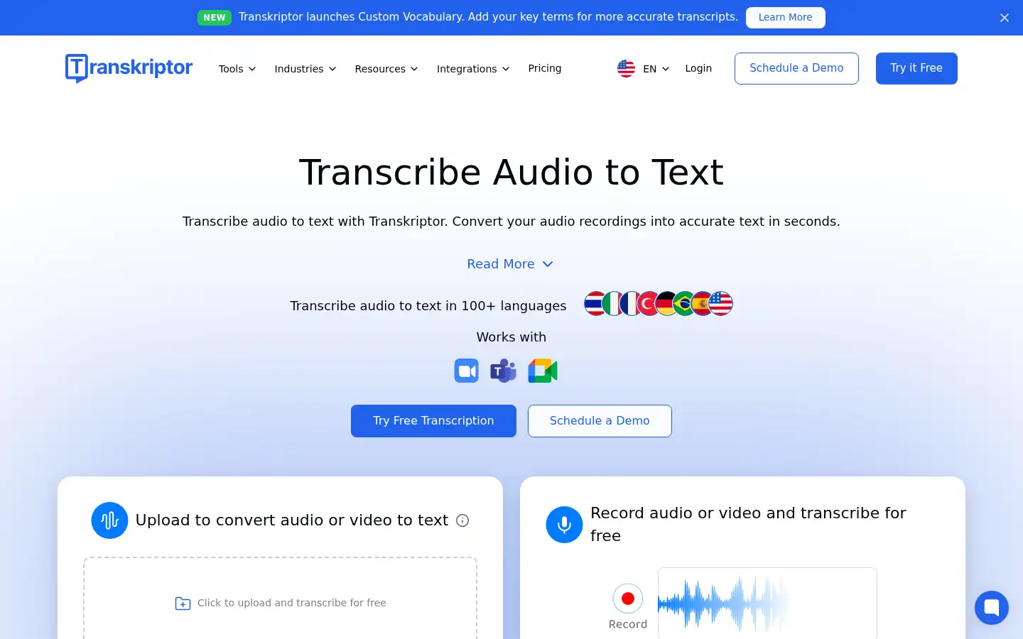 Screenshot of transkriptor.com