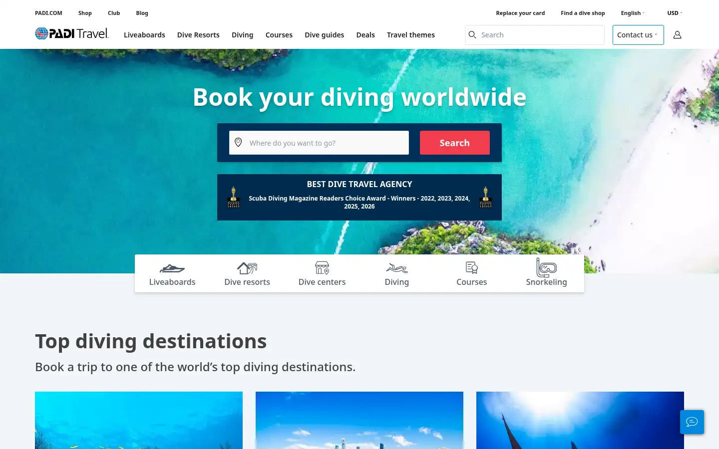 Screenshot of travel.padi.com