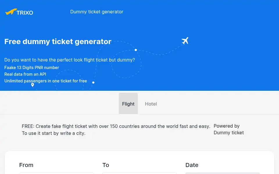 Screenshot of traveldummyticket.com