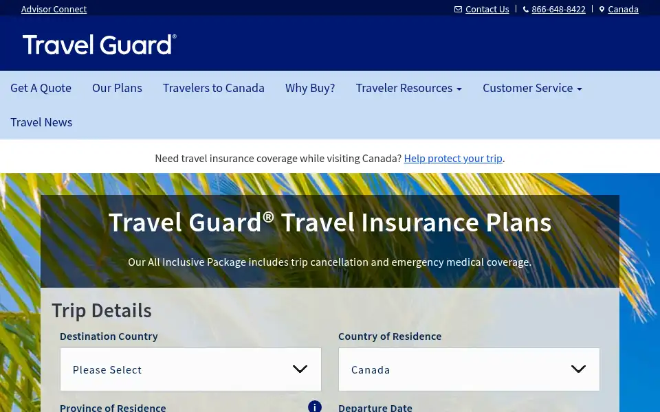 Screenshot of travelguard.ca