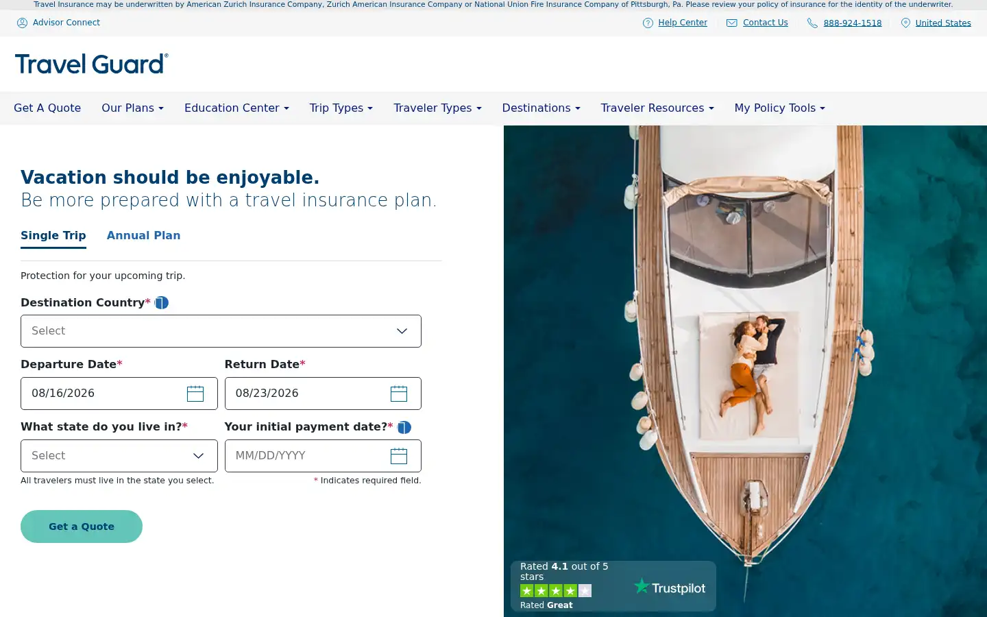 Screenshot of travelguard.com