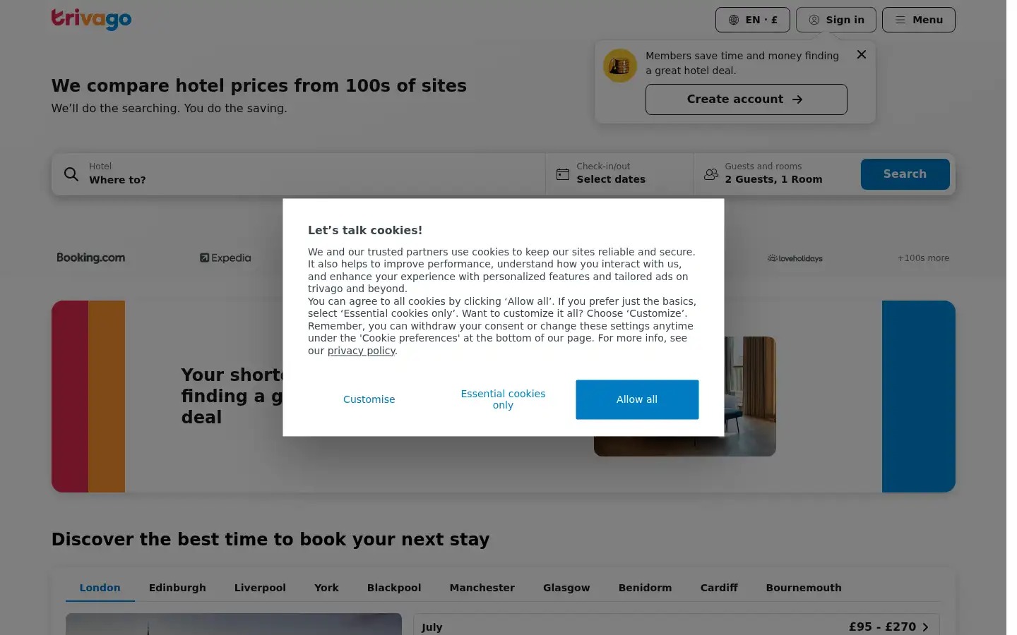 Screenshot of trivago.co.uk