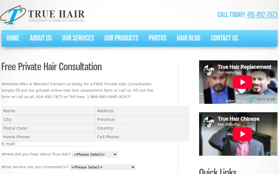 Screenshot of truehair.ca