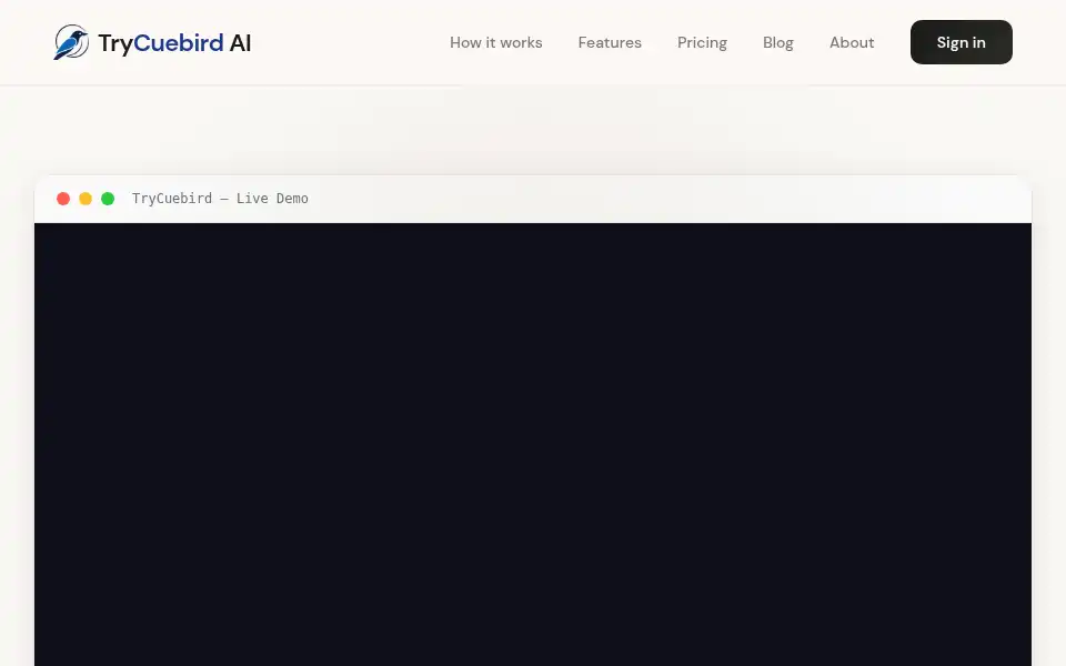 Screenshot of trycuebird.com
