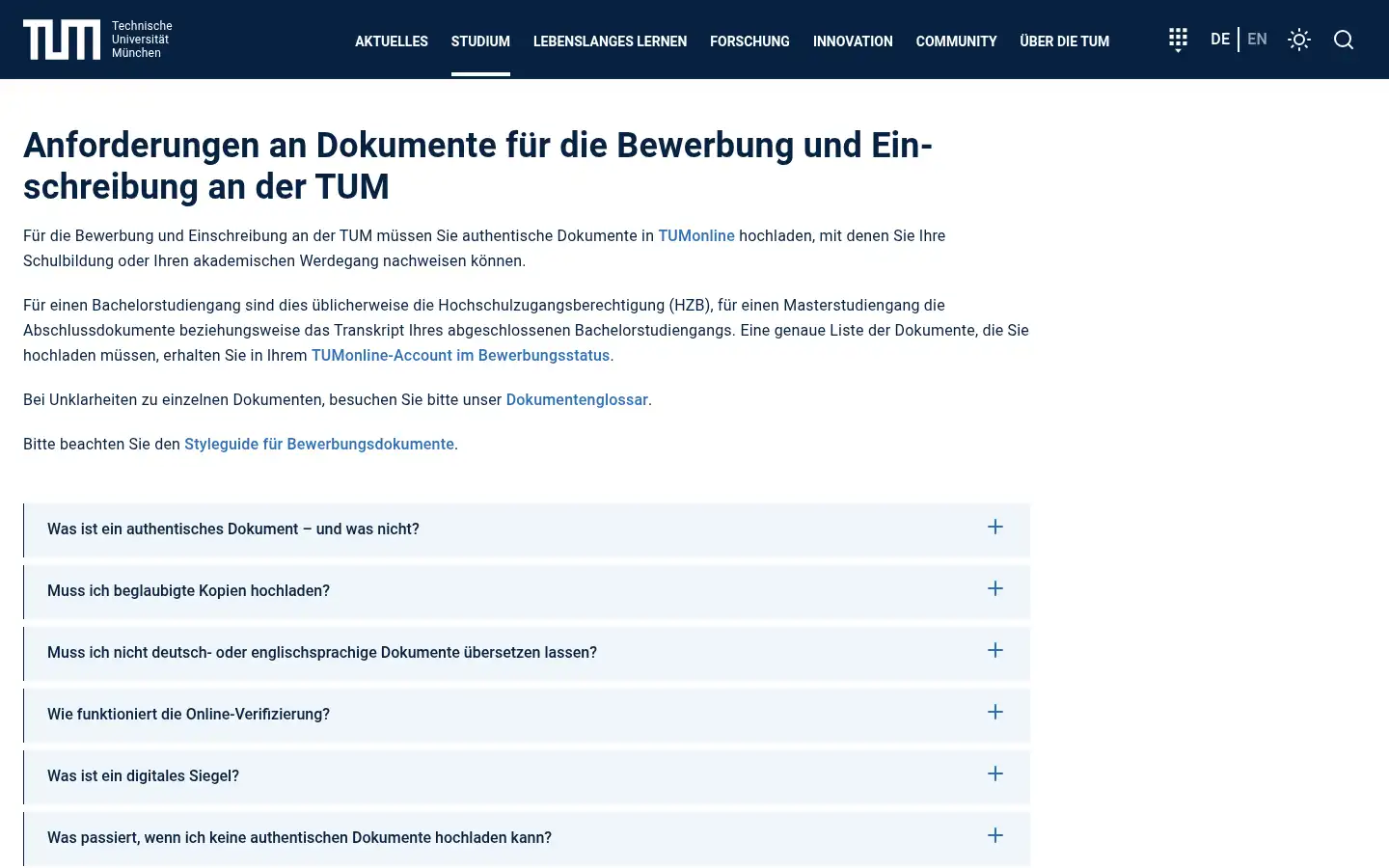 Screenshot of tum.de