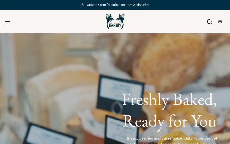 Screenshot of twomagpiesbakery.co.uk