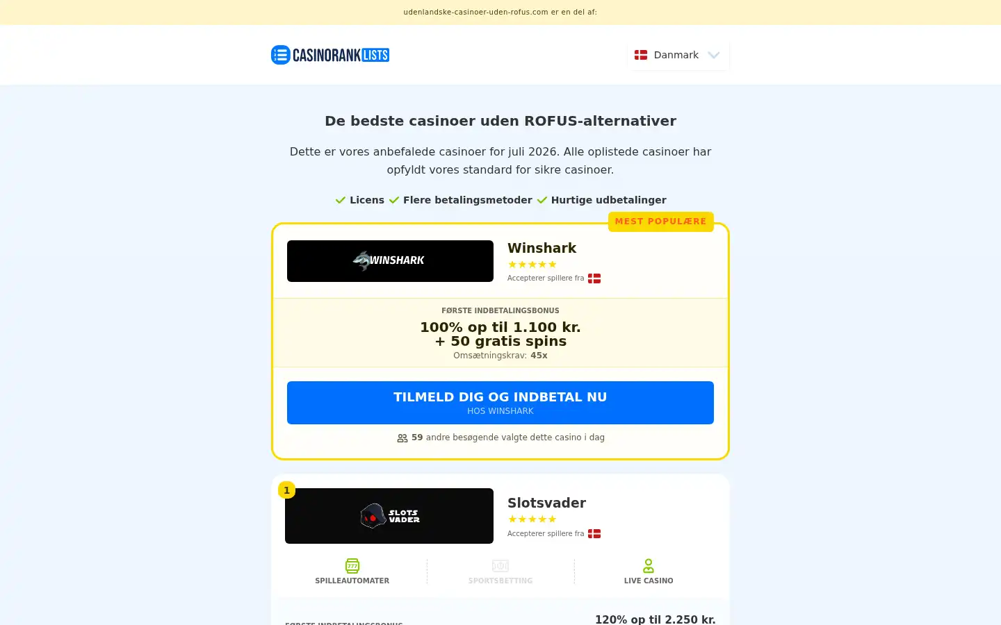 Screenshot of udenlandske-casinoer-uden-rofus.com