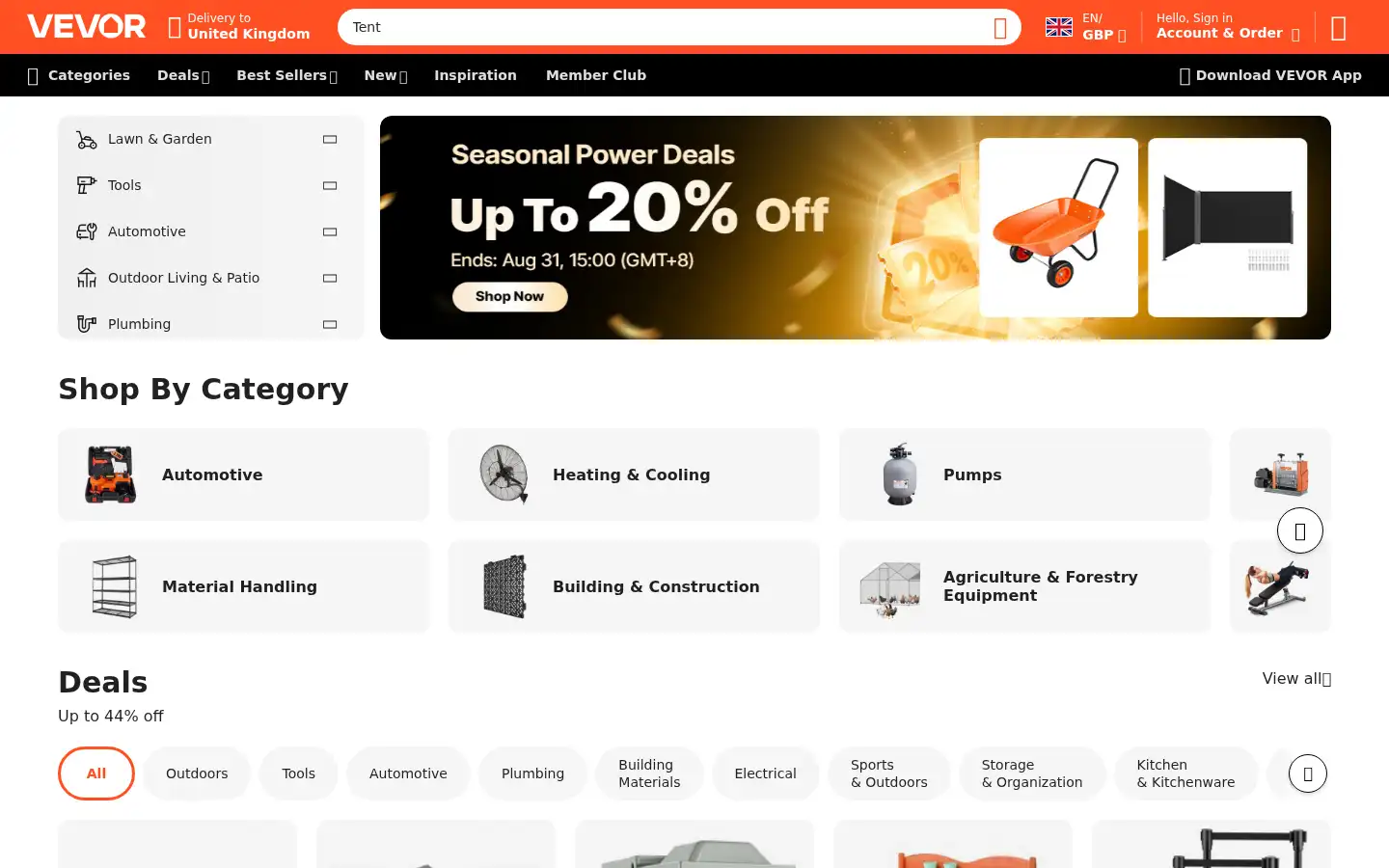 Screenshot of uk.vevor.com