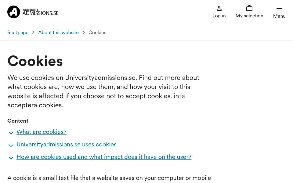 Screenshot of universityadmissions.se