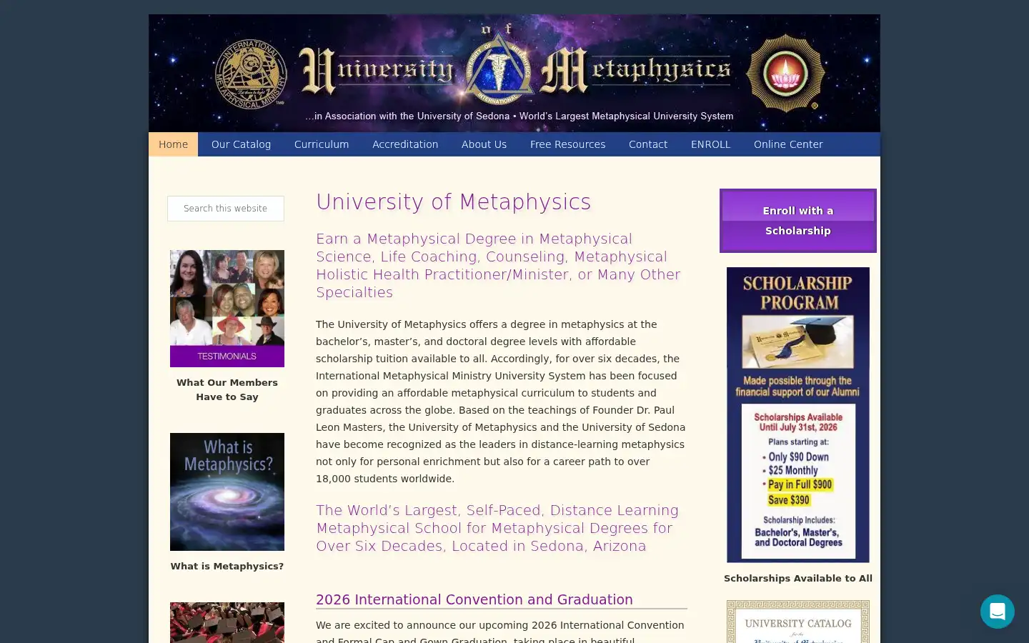 Screenshot of universityofmetaphysics.com