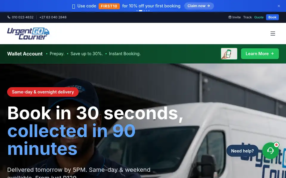 Screenshot of urgentgocourier.co.za
