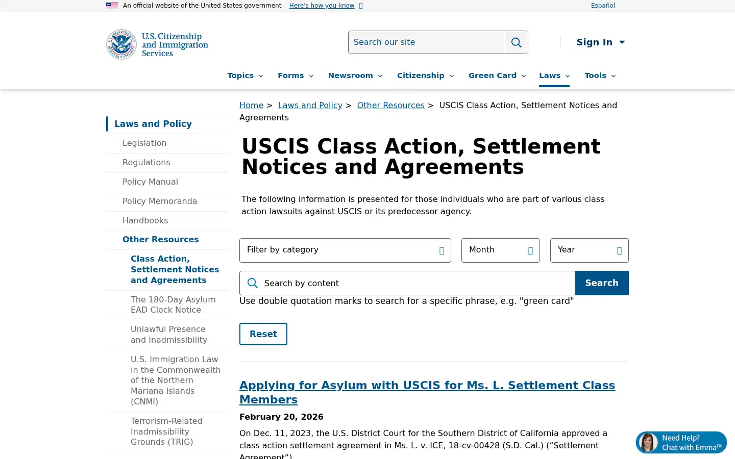 Screenshot of uscis.gov