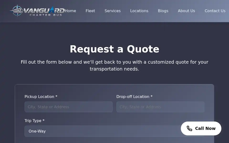 Screenshot of vanguardcharterbus.com