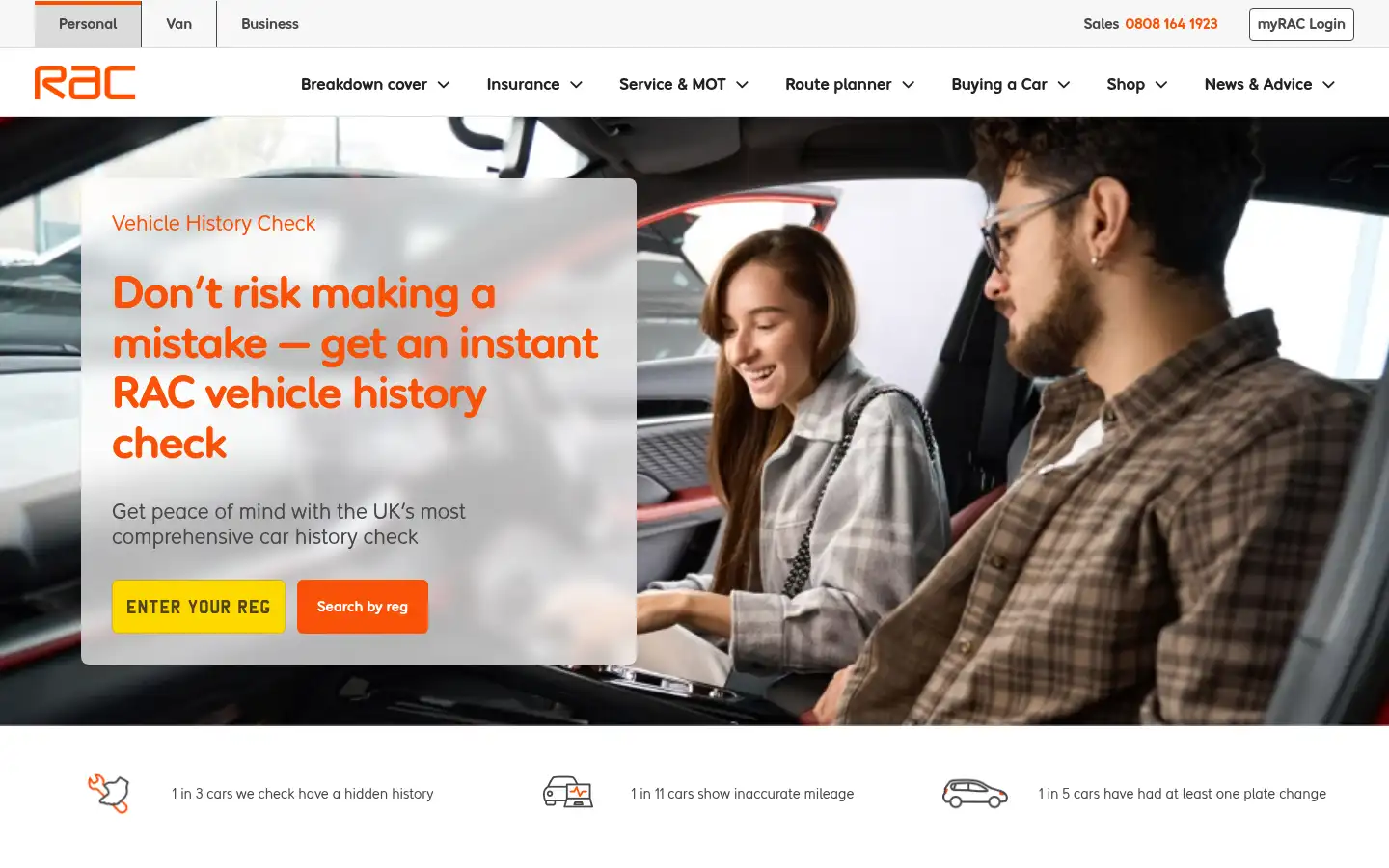 Screenshot of vehicle-history-check.rac.co.uk