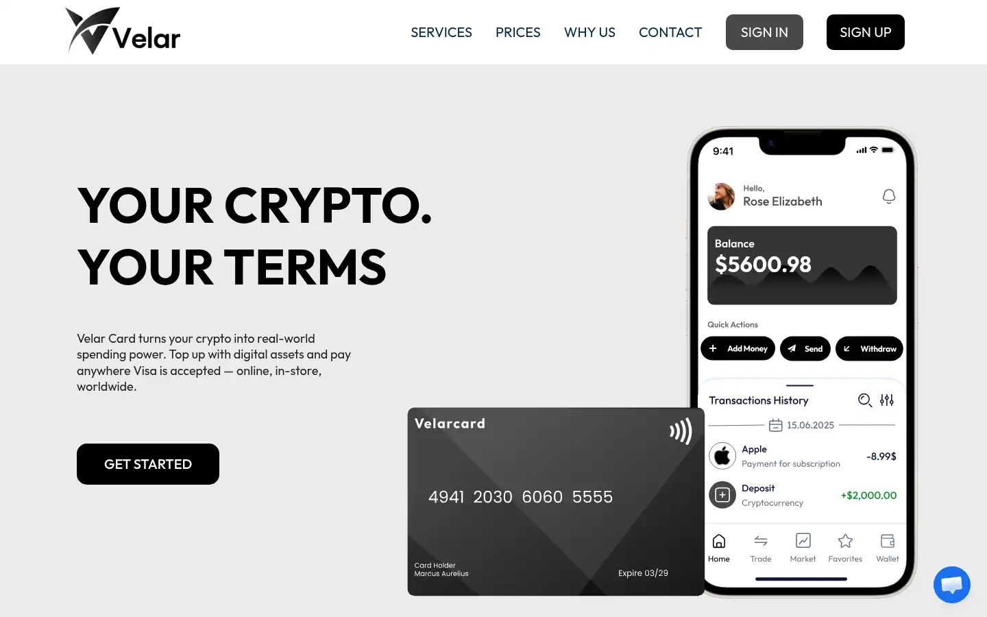 Screenshot of velarcard.io