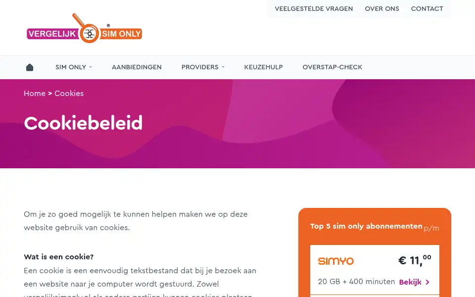 Screenshot of vergelijksimonly.nl