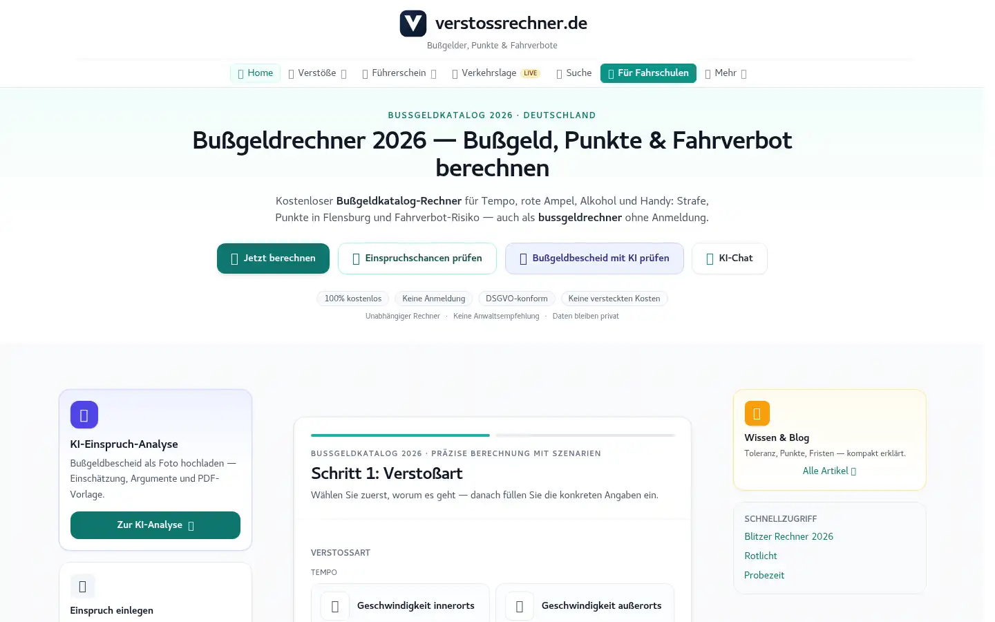 Screenshot of verstossrechner.de