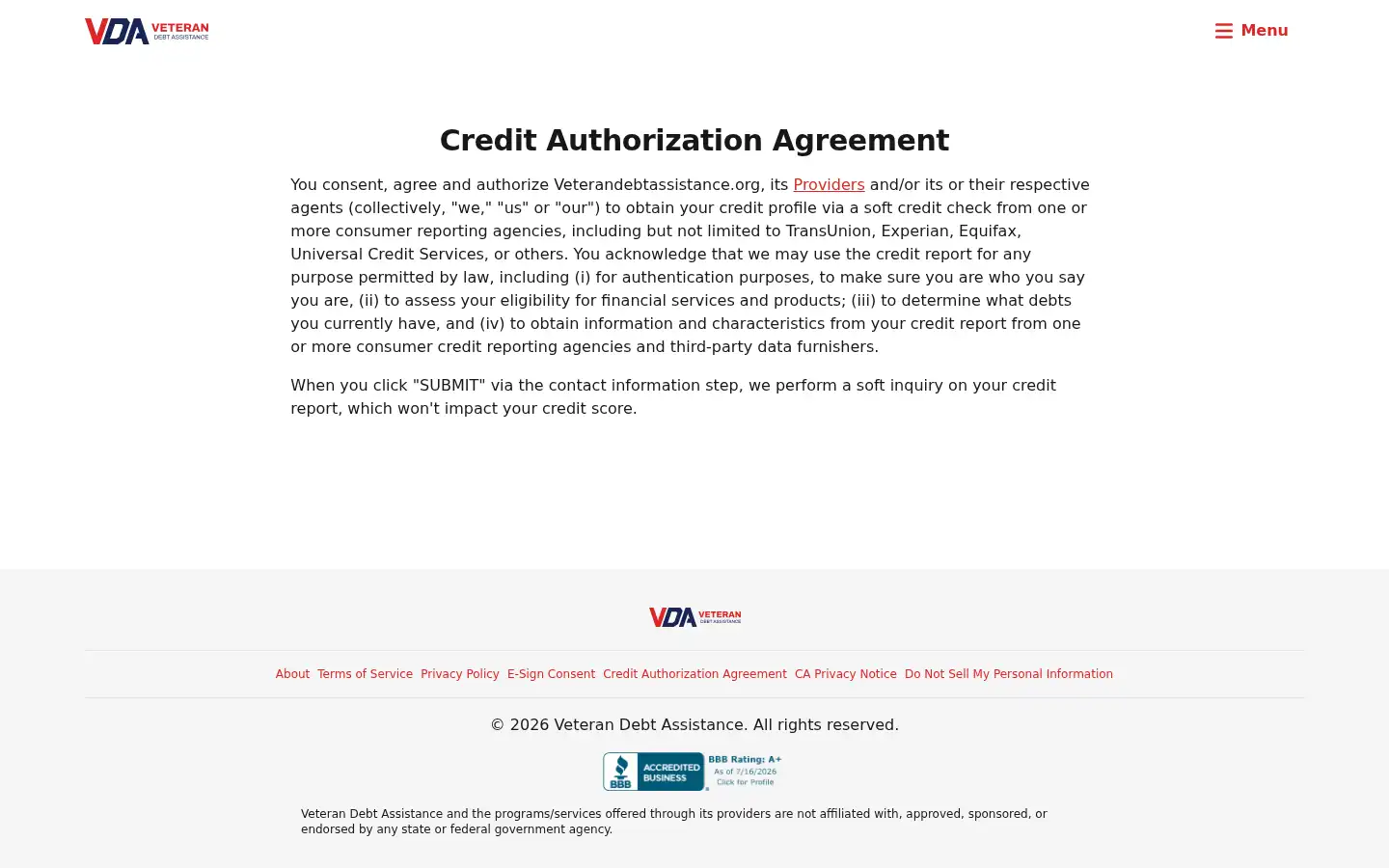Screenshot of veterandebtassistance.org