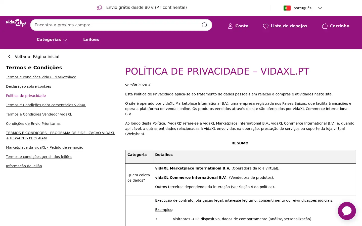 Screenshot of vidaxl.pt
