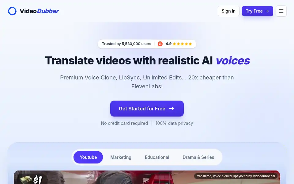 Screenshot of videodubber.ai