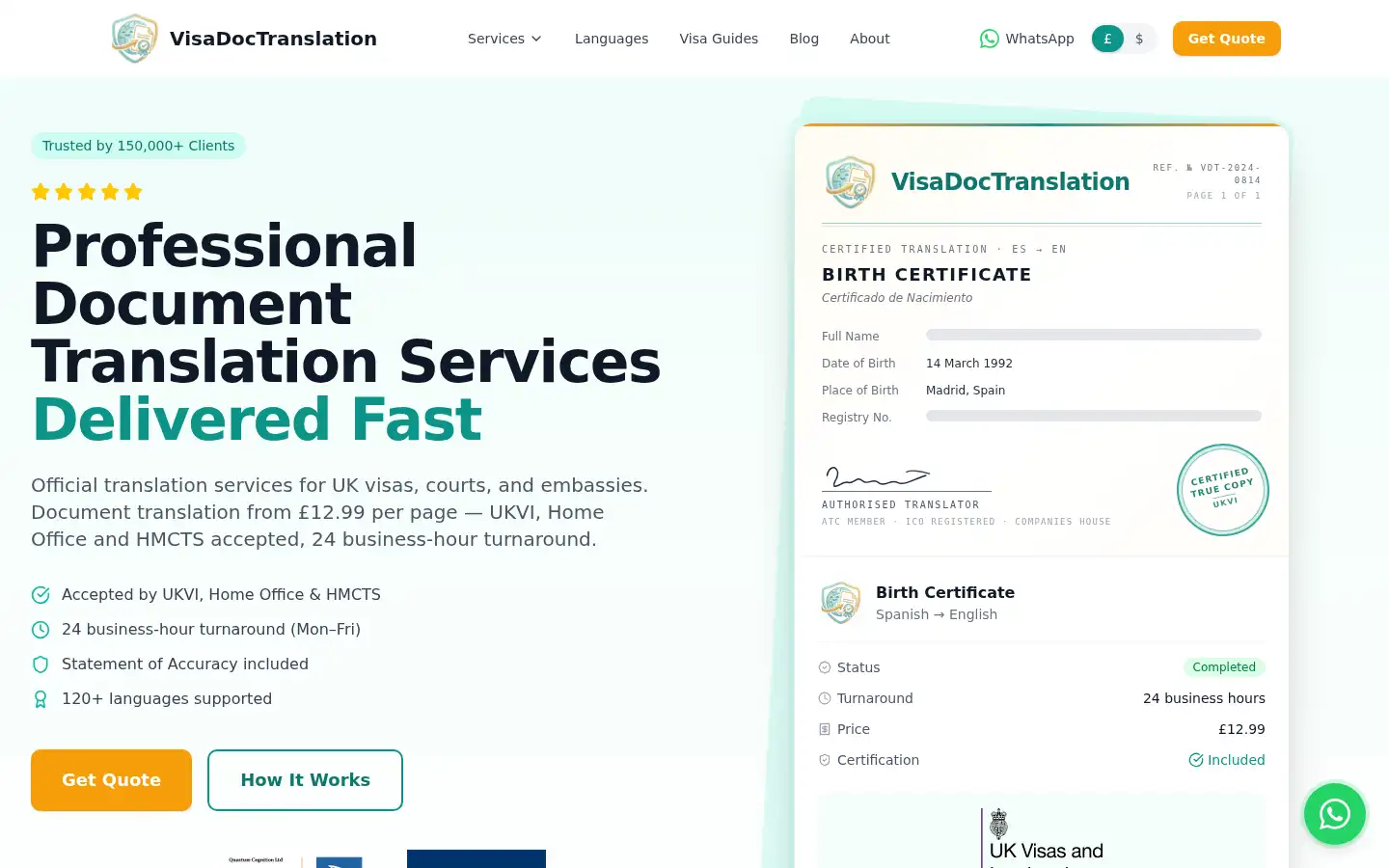 Screenshot of visadoctranslation.co.uk