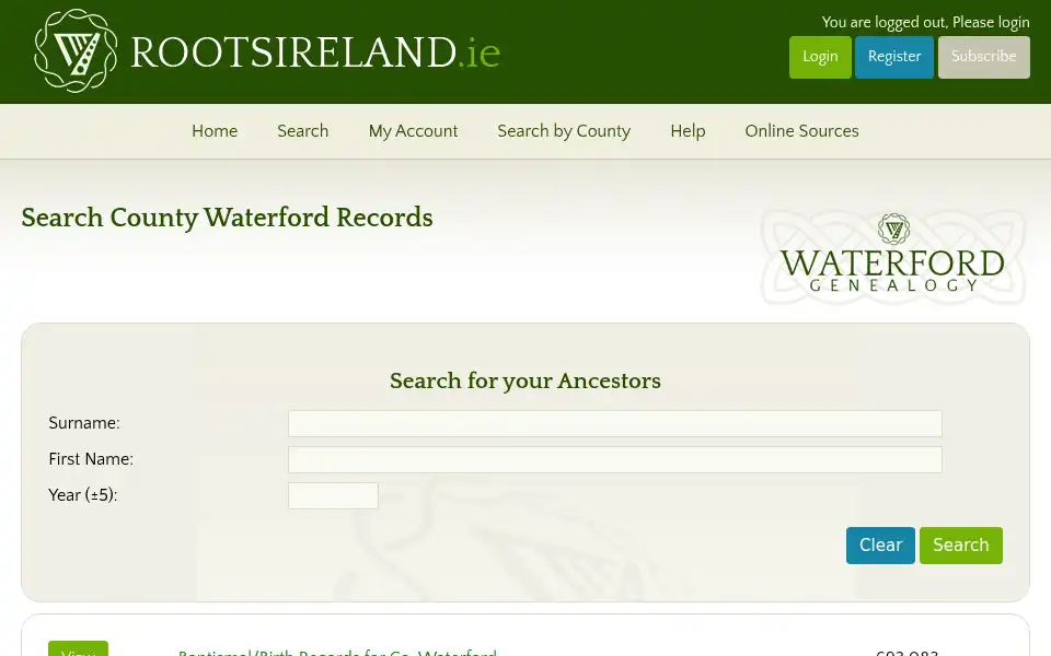 Screenshot of waterford.rootsireland.ie