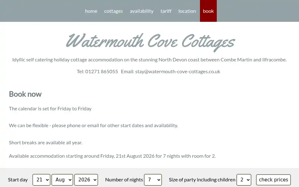 Screenshot of watermouth-cove-cottages.co.uk