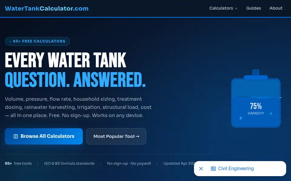 Screenshot of watertankcalculator.com