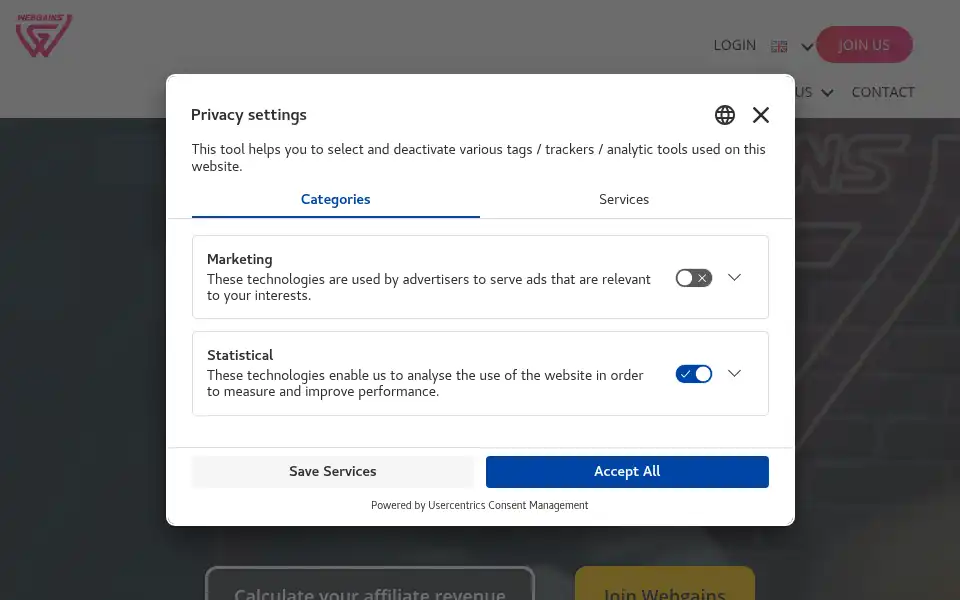 Screenshot of webgains.com