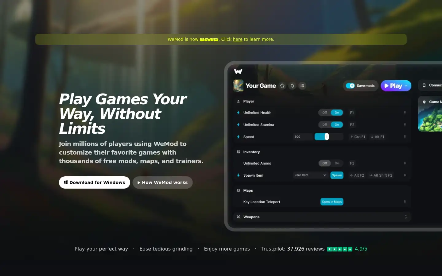 Screenshot of wemod.com