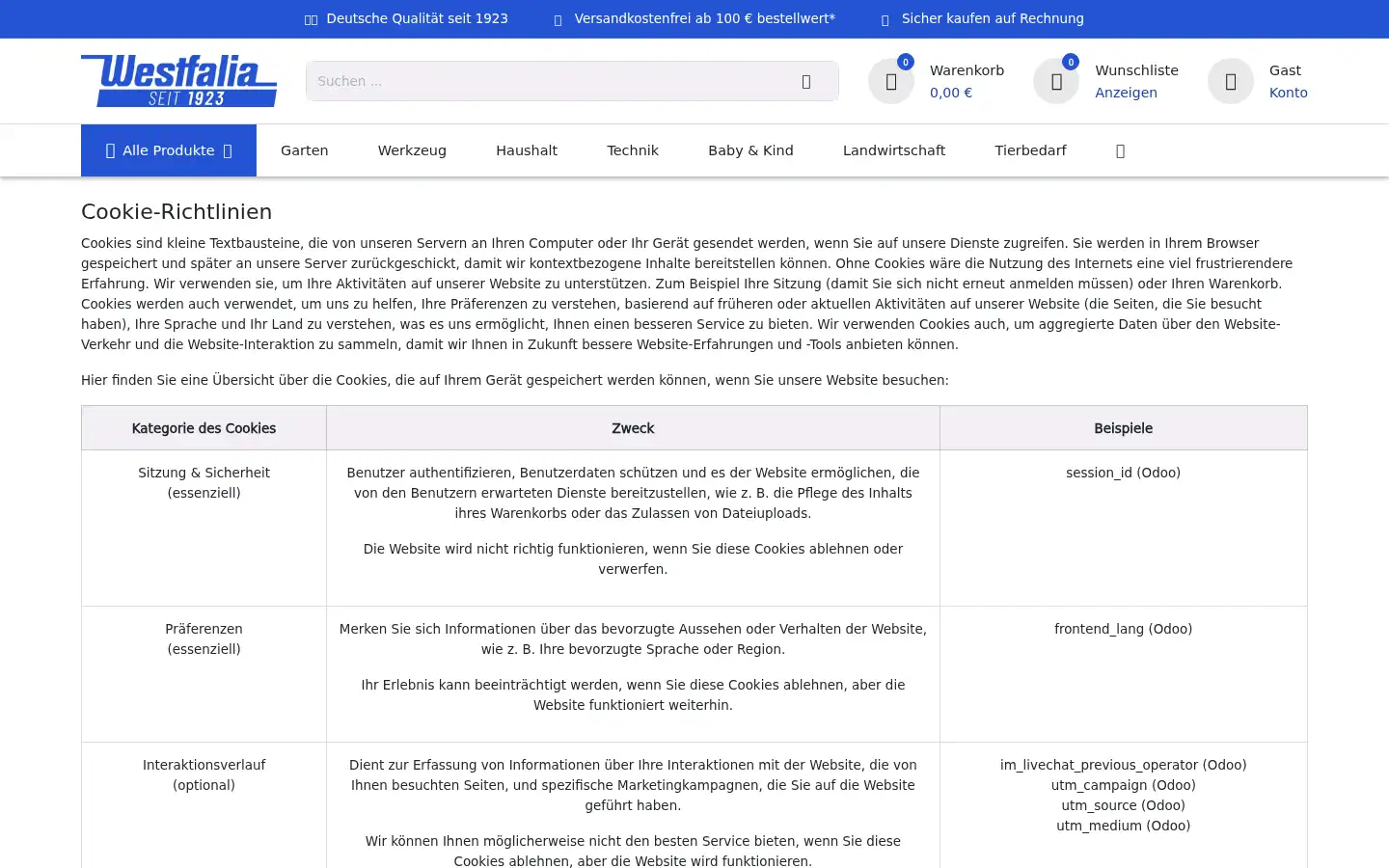 Screenshot of westfalia-versand.ch