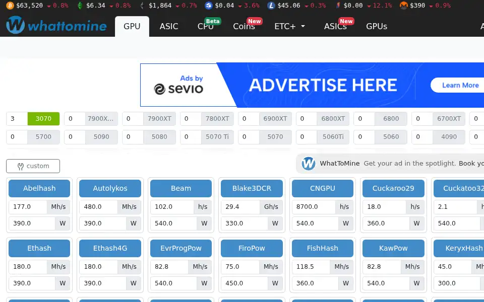 Screenshot of whattomine.com