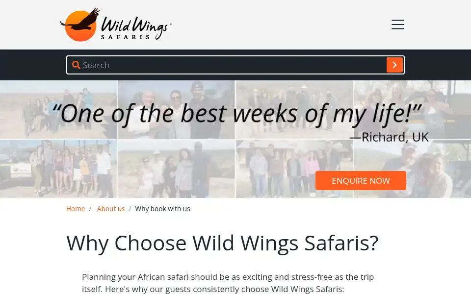 Screenshot of wild-wings-safaris.com