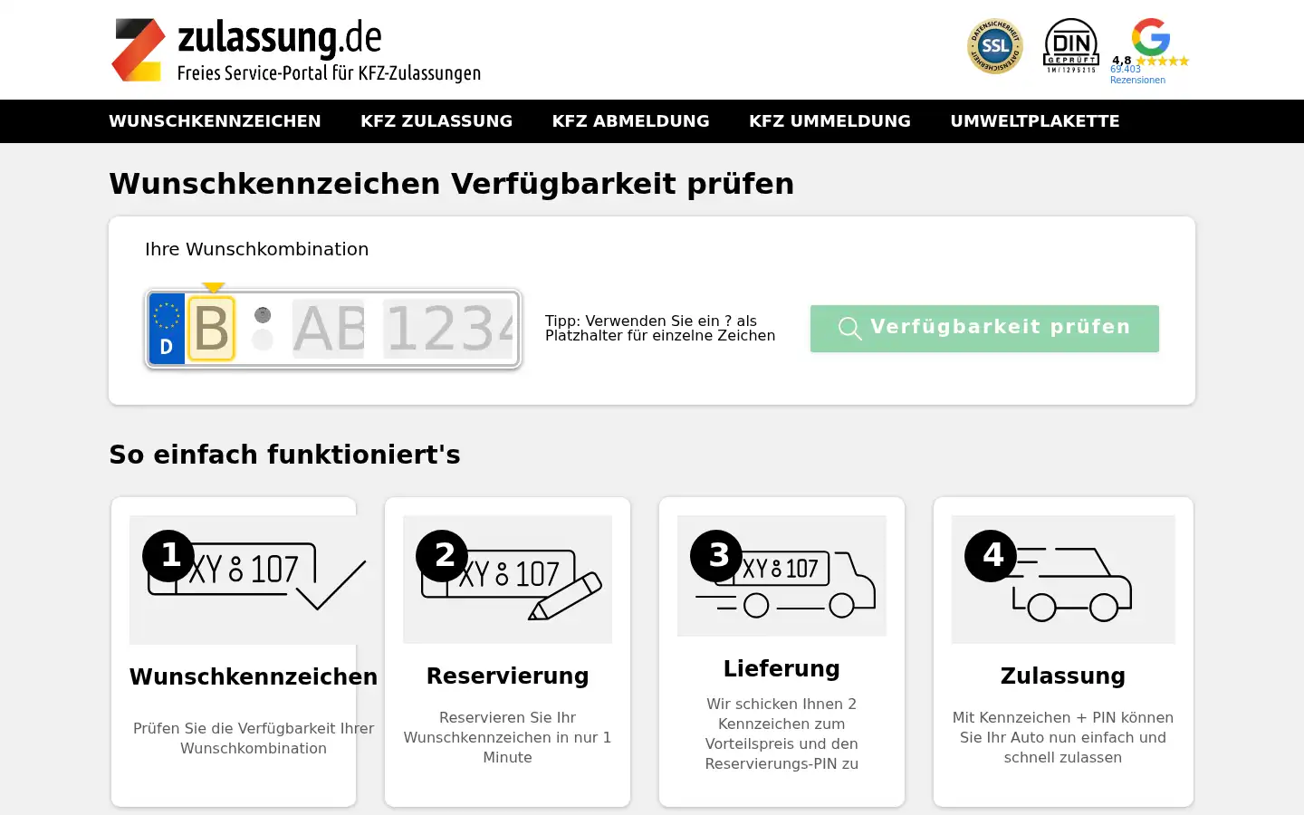 Screenshot of wunschkennzeichen.zulassung.de