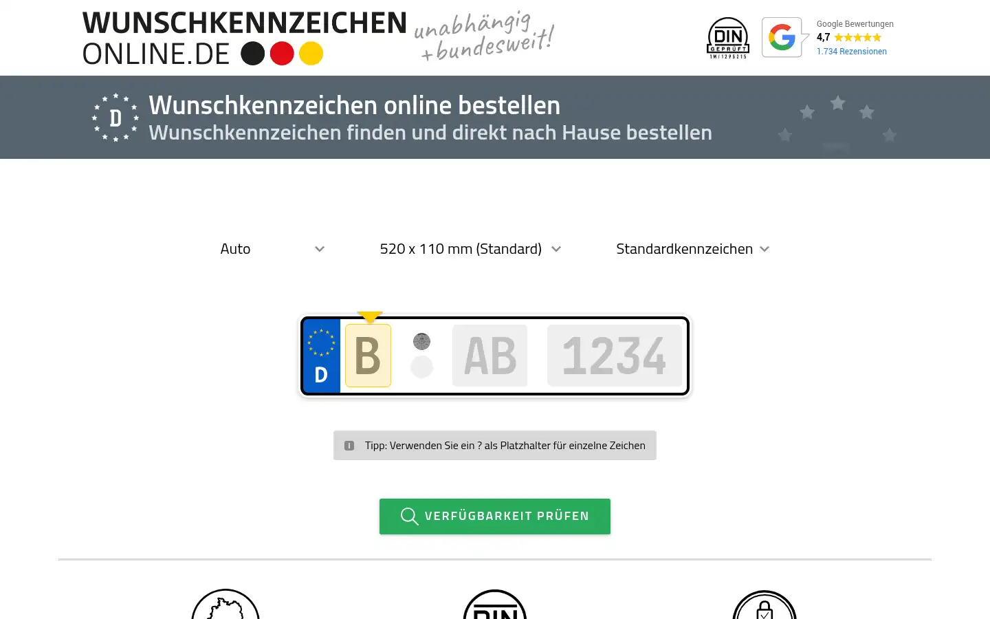 Screenshot of wunschkennzeichenonline.de
