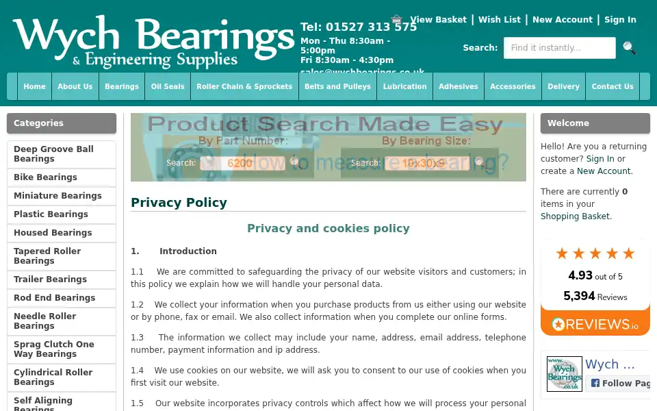 Screenshot of wychbearings.co.uk