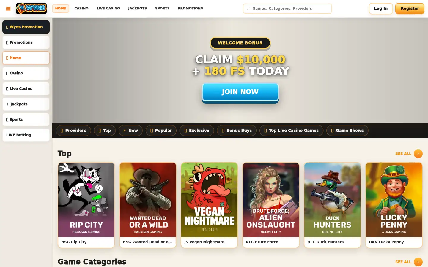 Screenshot of wynscasino.site