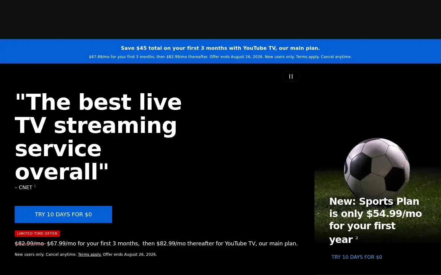 Screenshot of youtubetv.com