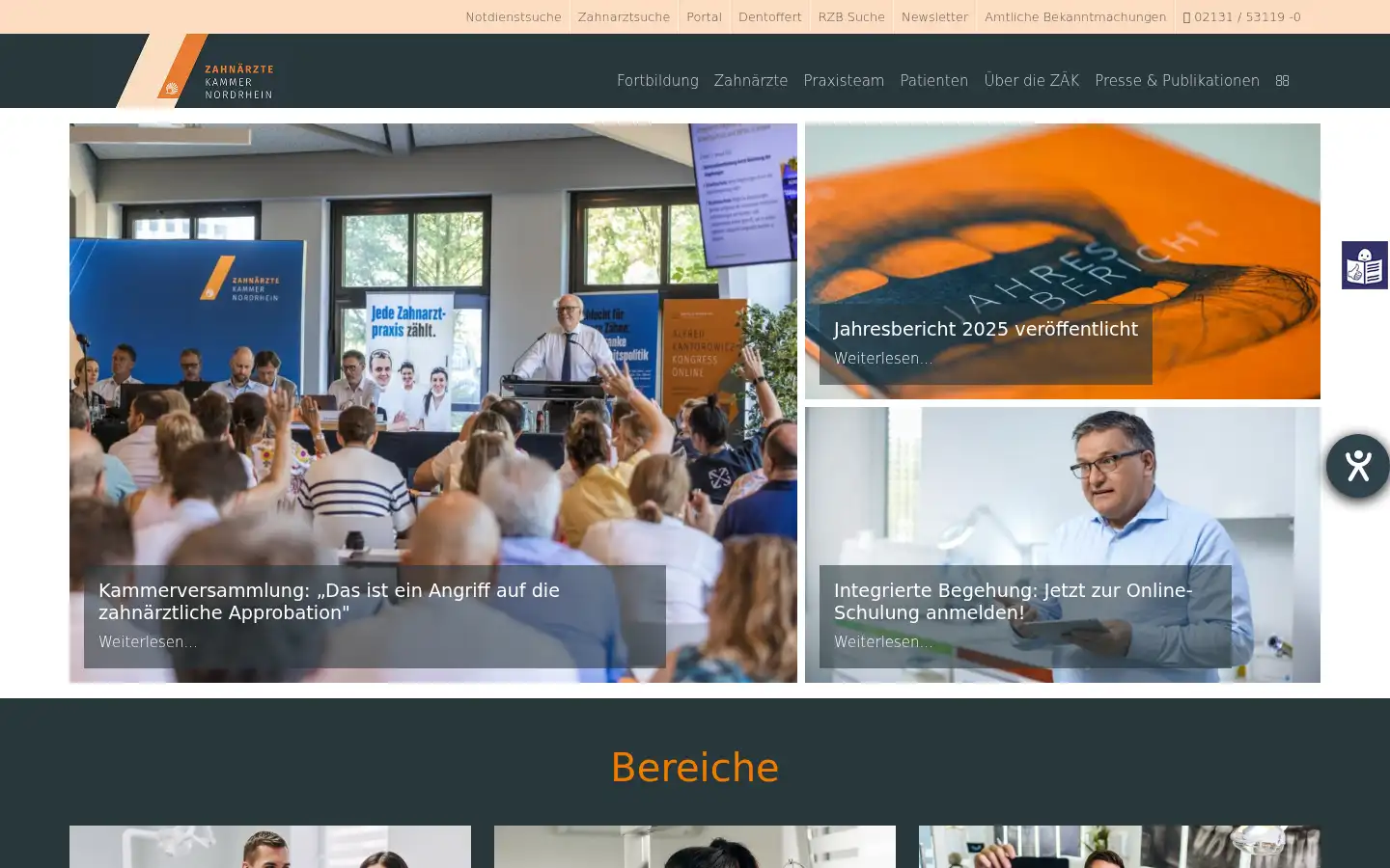 Screenshot of zahnaerztekammernordrhein.de