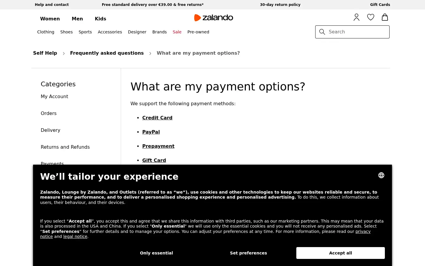 Screenshot of zalando.ie