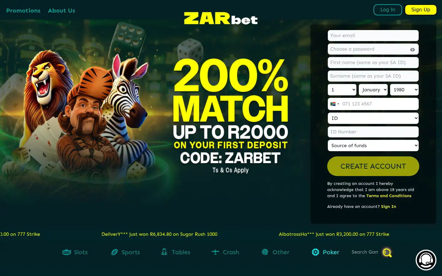 Screenshot of zarcasino.co.za