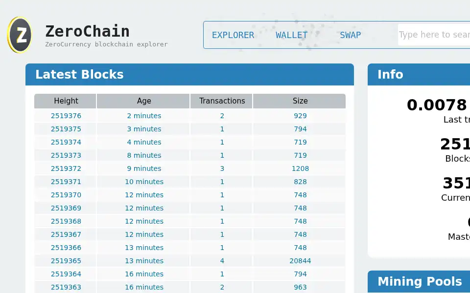 Screenshot of zerochain.info