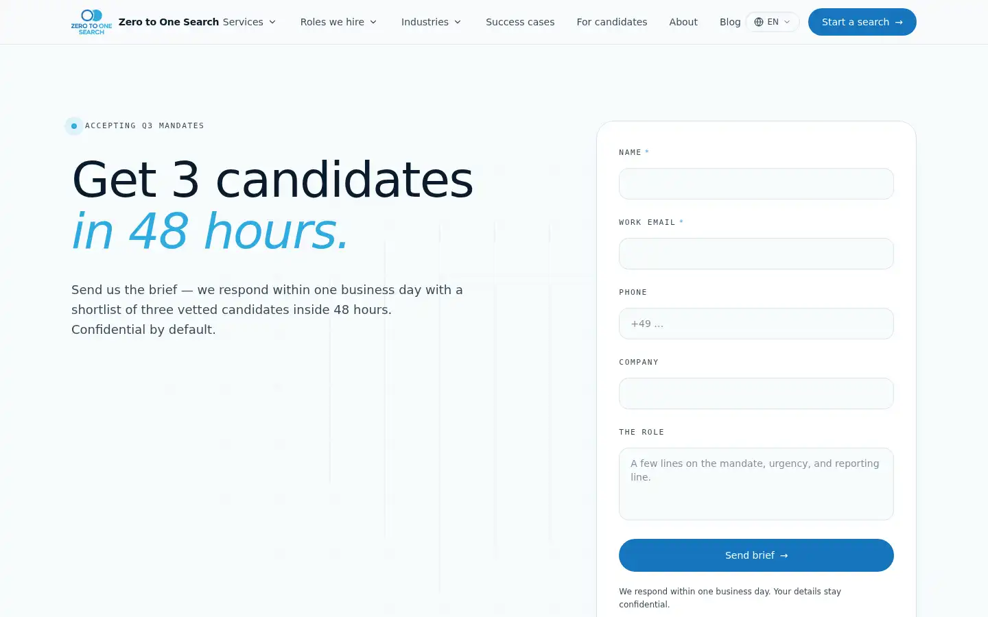 Screenshot of zerotoonesearch.com