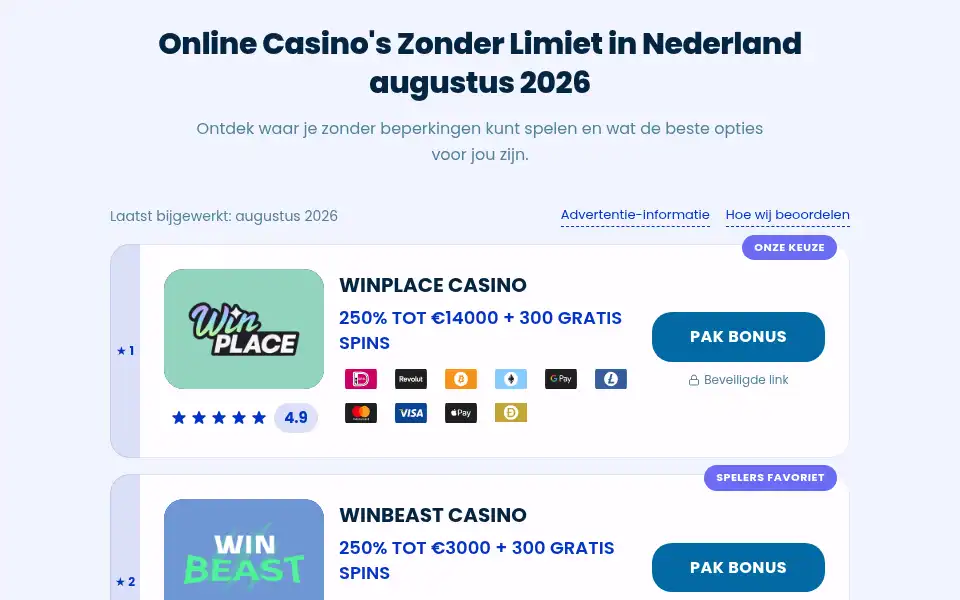 Screenshot of zonderlimietcasinos.com