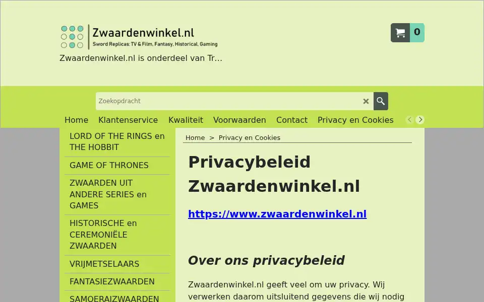 Screenshot of zwaardenwinkel.nl