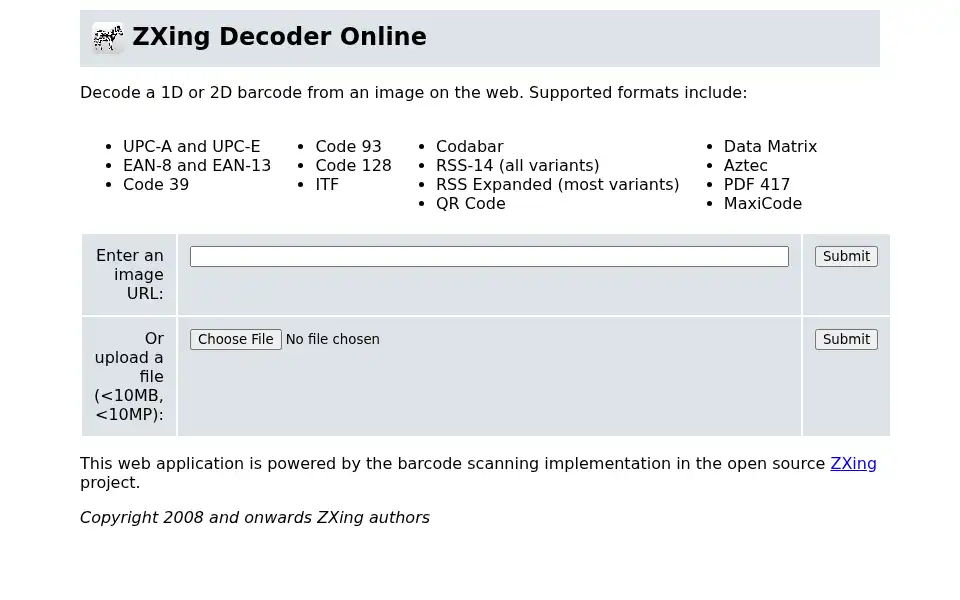 Screenshot of zxing.org